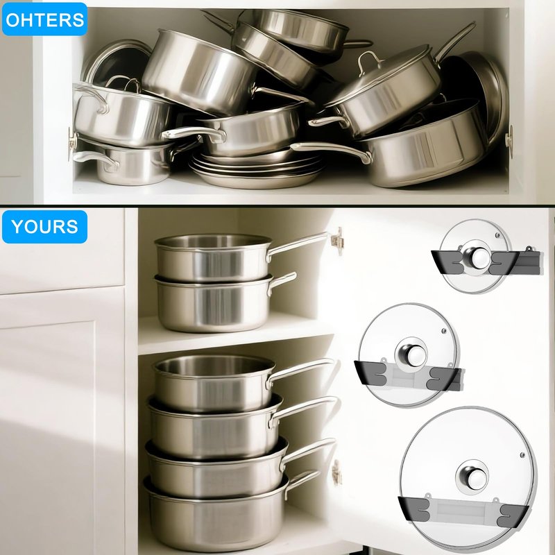 Nicejak Adjustable Universal Pot Lid Holder Organizer - Upgraded Patented Pan Lids Organizers Inside Cabinet Door Wall Mount Pots Top Rack for Kitchen Cupboard Fit 6" to 13" (8Pack-Black)