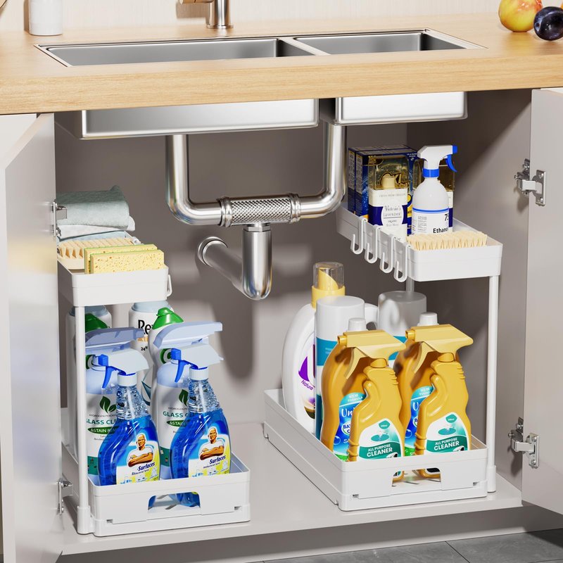 Delamu 2 Pack Under Sink Organizers and Storage, 2 Tier Pull Out Bathroom Cabinet Organizer, L-Shape White Under Bathroom Kitchen Sink Organizer with Drawer for Under Sink Storage Organizer
