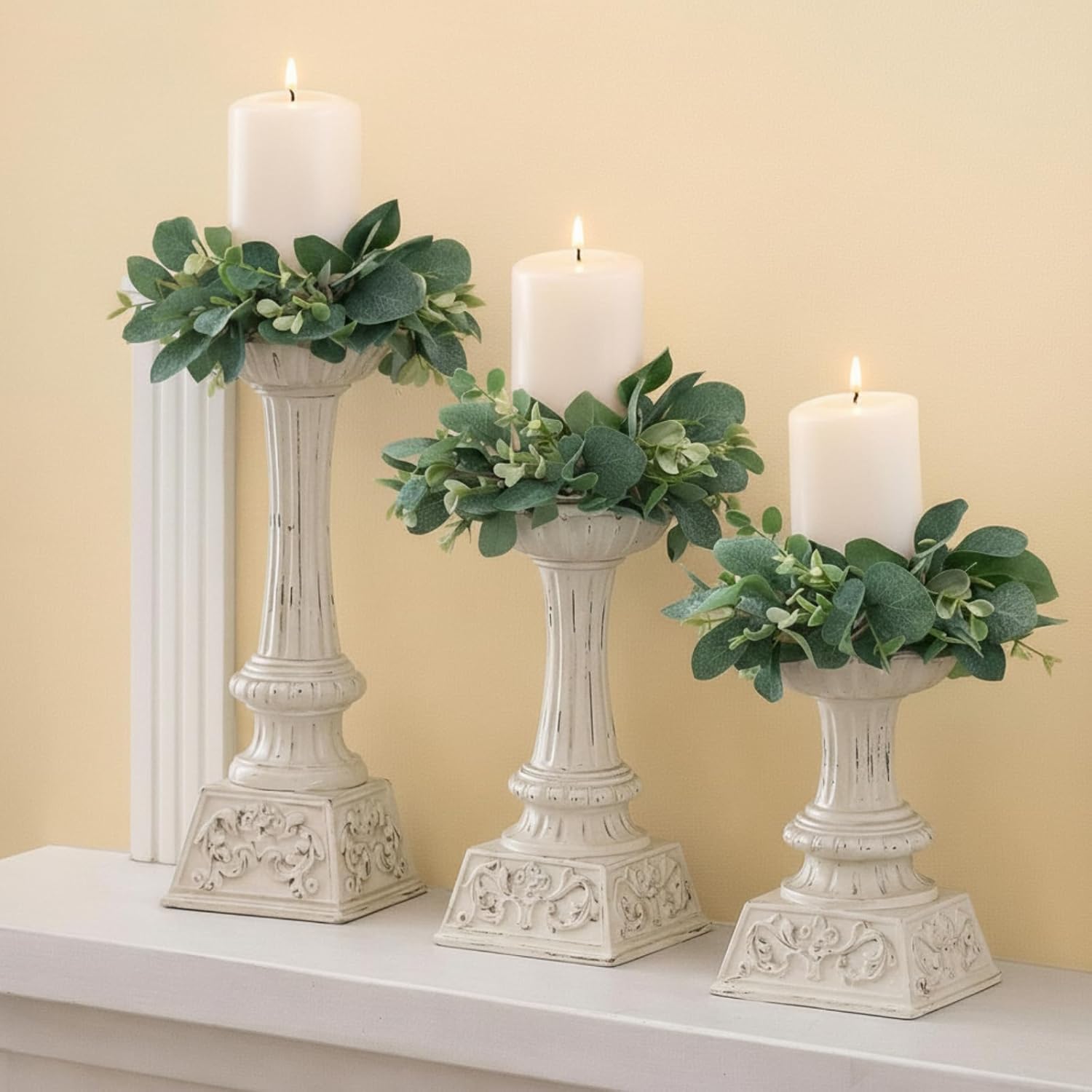Thinkday Eucalyptus Candle Ring Set - 4 Inch Mini Artificial Wreaths for Home Decor | Green Floral Centerpieces
