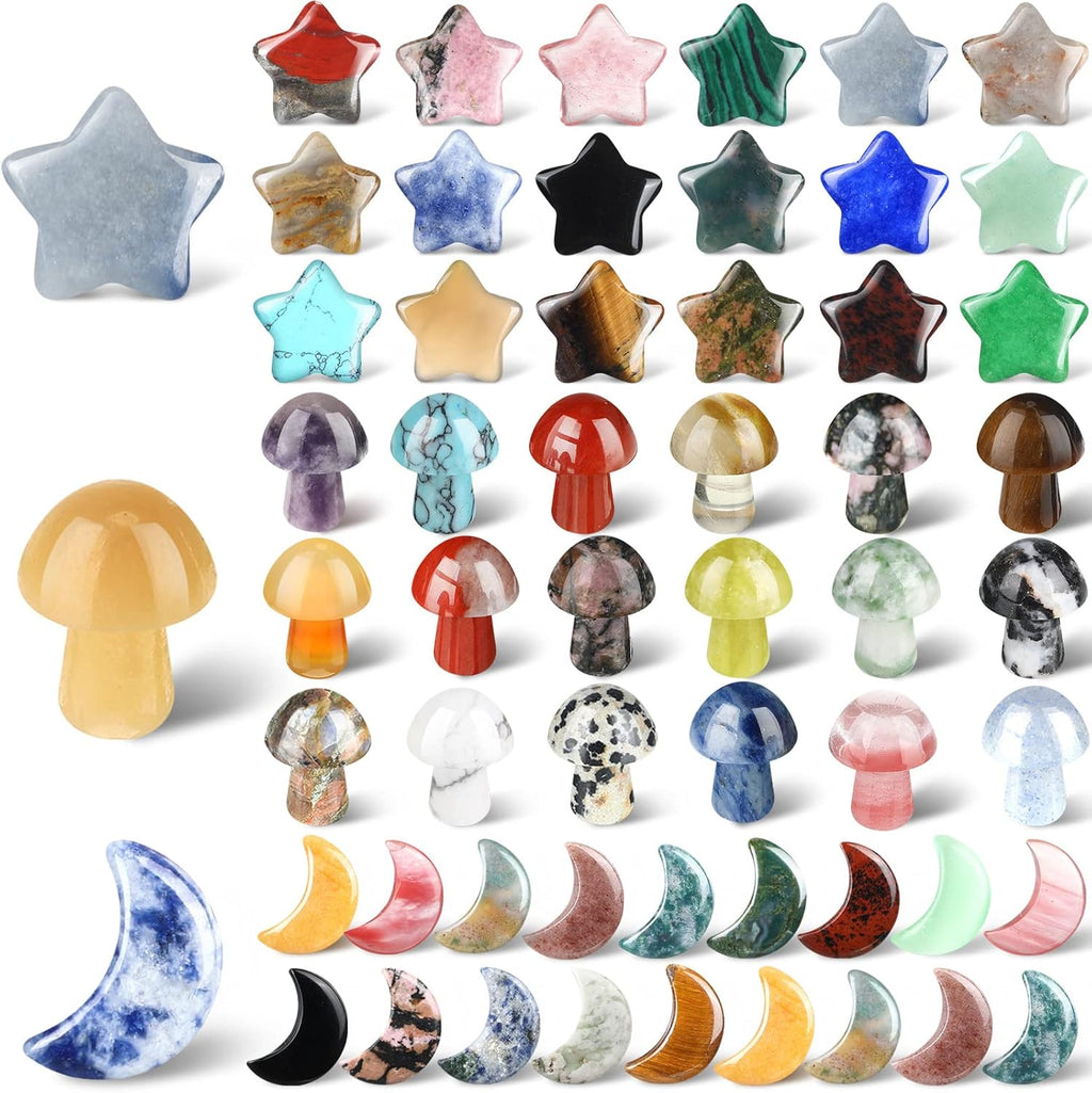 Nuenen 54-Piece Worry Stones Set - Mushroom, Moon & Star Shaped Crystal Sculptures for Meditation | Elegant Decor