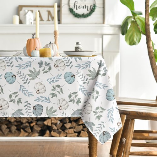 Horaldaily Fall Tablecloth 60x84 Inch Rectangular, Thanksgiving Autumn Harvest Blue Pumpkins and Leaves Table Cover for Party Picnic Dinner Decor
