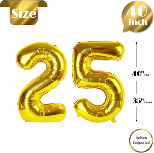 Gold Number 25 Balloon - 40 Inch 25th Birthday Decoration for Men & Women | Elegant Golden Party Supplies