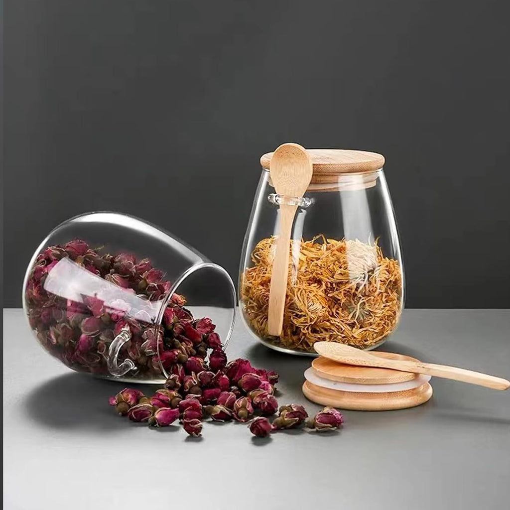 DNIENKGE Airtight glass jar storage container with bamboo lid Set of 4, wide mouth, leak-proof, With a spoon, can be used for coffee beans, tea leaves, grains, dried fruits, etc (Small*4pcs)