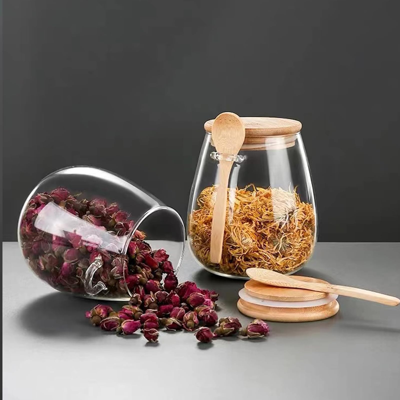 DNIENKGE Airtight glass jar storage container with bamboo lid Set of 4, wide mouth, leak-proof, With a spoon, can be used for coffee beans, tea leaves, grains, dried fruits, etc (Small*4pcs)