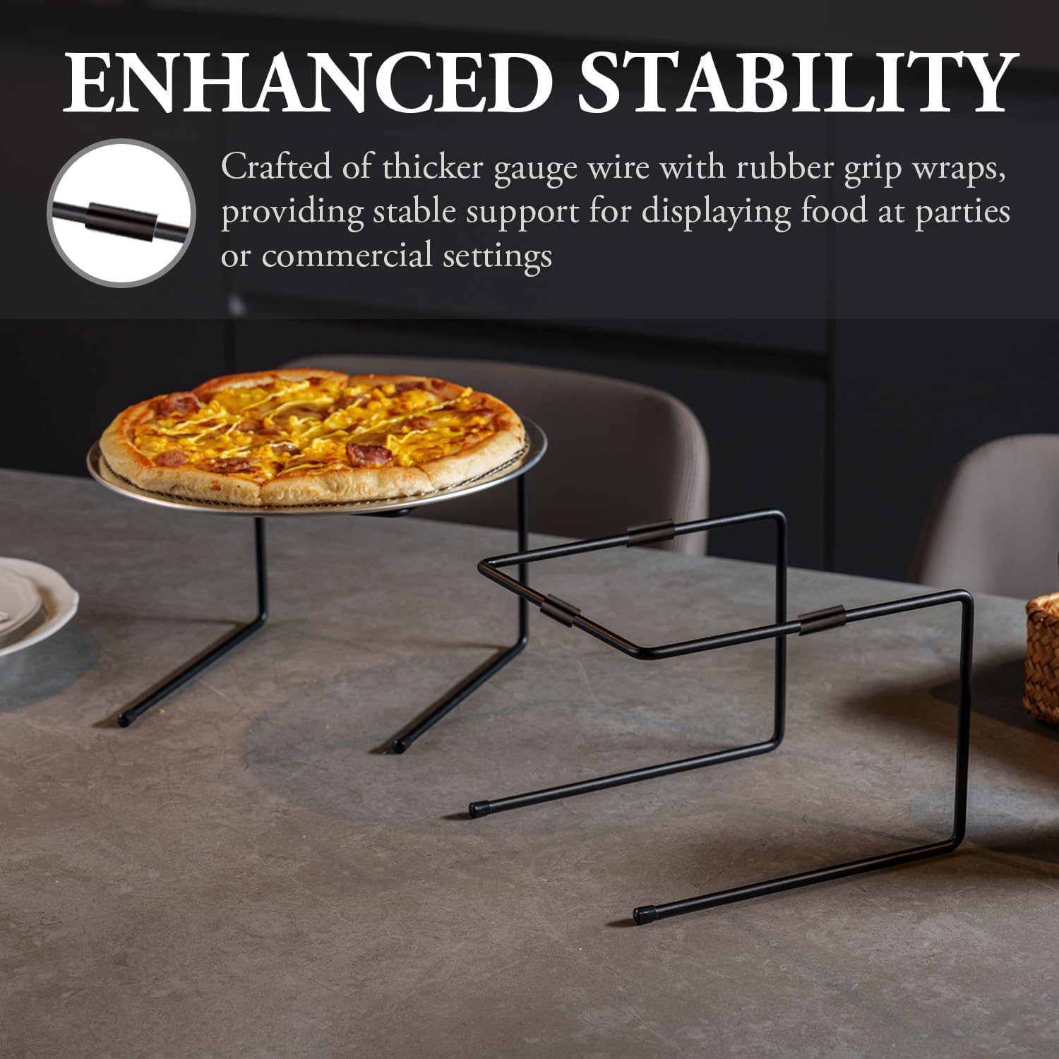 MyGift Black Metal Pizza Table Stands, Tabletop Pizza Pan Riser Food Platter Tray and Display Rack, Set of 4