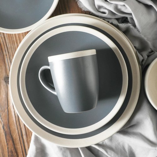 Stone Lain Serenity Stoneware, Service for 4, Plates and Bowls Sets, Dark Gray and Cream Dinnerware, Dishwasher & Microwave Safe, 16-Piece