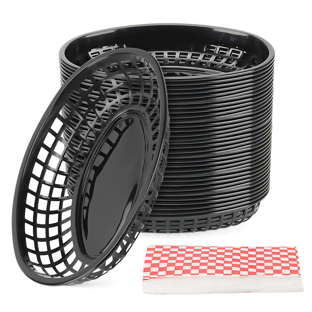MANCHAP 50 Pack 8.8 x 5.5 Inch Plastic Fast Food Serving Baskets, Black with 100 Checkered Deli Liners, Oval Food Baskets for Deli, Hot Dogs, Burgers