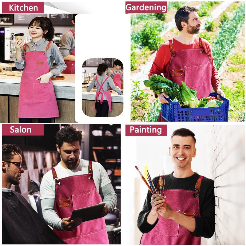 Kitchen Apron Canvas (2 Pack), Chef Apron Cross Back Adjustable Apron with 3 Pockets Professional Tool Work Apron Waterproof Barbecue BBQ Apron for Men Women, Cooking Painting Gardener (Pink)