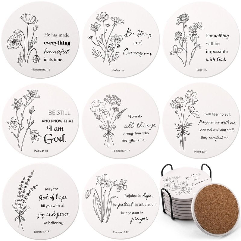 Hushee Set of 8 Christian Coasters with Bible Verses, Absorbent Ceramic Drink Coasters with Holder for Home Decor Table Protection Baptism First Communion Confirmation Gifts, 4 Inches(Floral)