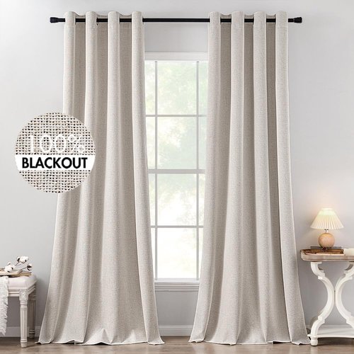 MIULEE 100% Blackout Linen Textured Curtains - Thermal Insulated Ivory Drapes | 52 x 102 Inch (2 Panels)