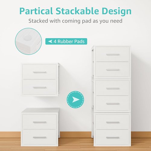 BOLUO Stackable Storage Drawers - Narrow Closet Organizers | Modern White Fabric 2-Pack Dresser for Bedroom