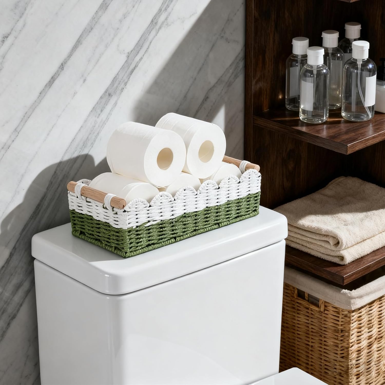 Regine Switzerland Scalloped Edge Toilet Paper Storage Basket - Handwoven Paper Rope Design | Small Size with 2 Wooden Handles