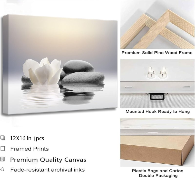 Zen Canvas Wall Art white Lotus Flowers and Black Massage Stones Spa Picture Wall Decor Poster Print Suitable for Yoga Meditation Room Bathroom Bedroom Study Home Decoration