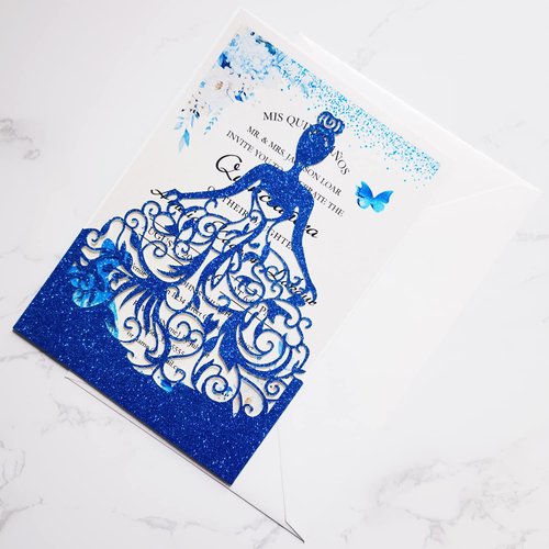 FLZOPYNE 50PCS Blank Quinceanera Invitations, 5 x7.3 Inch Laser Cut Girl Princess Invitation Card Kit with Envelopes for Quinceañera, XV Años, Mis Quince, Birthday Party Sweet 16 (Royal Blue Glitter)
