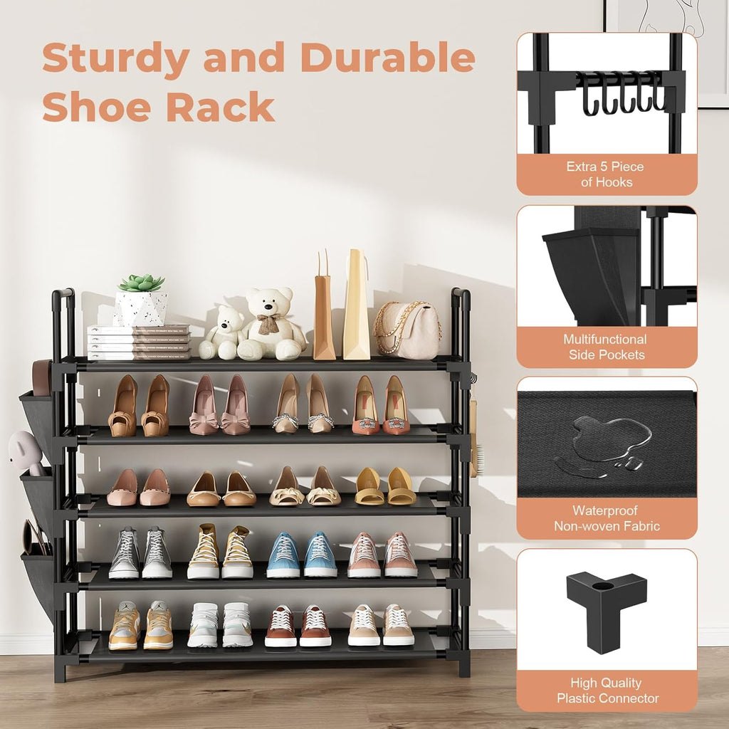 Skiennix 5-Tier Shoe Rack - Stackable Organizer for 20-25 Pairs | Space-Saving Design with Hooks & Pocket