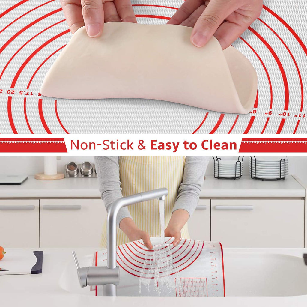 Skiennix Silicone Baking Mat - Non-Slip Pastry Sheet with Measurements | BPA-Free, 24 x 16 Inches, Red + Dough Scraper