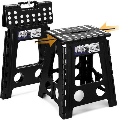 Delxo 16 Inch Folding Step Stool - Portable Collapsible Design with Safety Lock | Non-Slip, Black, Supports Up to 400LBS