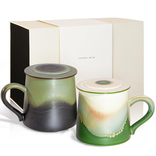 JDCervita Ceramic Coffee Mug Set of 2, Coffee Mugs with Lid,11.2 OZ Coffee Cup Ceramic Engagement Gifts for for Mother's Day Couples Newly Engaged Wedding Gifts Married Couples Anniversary