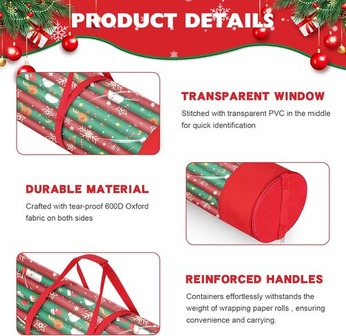 Gift Wrap Storage Organizer by 2Pack - Durable 600D Oxford Fabric for 18-25 Rolls - Red