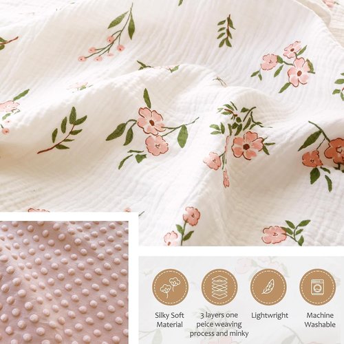 BOPRIO Muslin Baby Blanket - Super Soft Minky with Breathable Cotton Front | Pink Floral 30 x 40 Inch