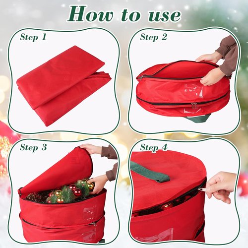 BlessedSeason Wreath Storage Container - Protect Your Holiday Wreaths with Dual Zipper & Handles | 24” Red