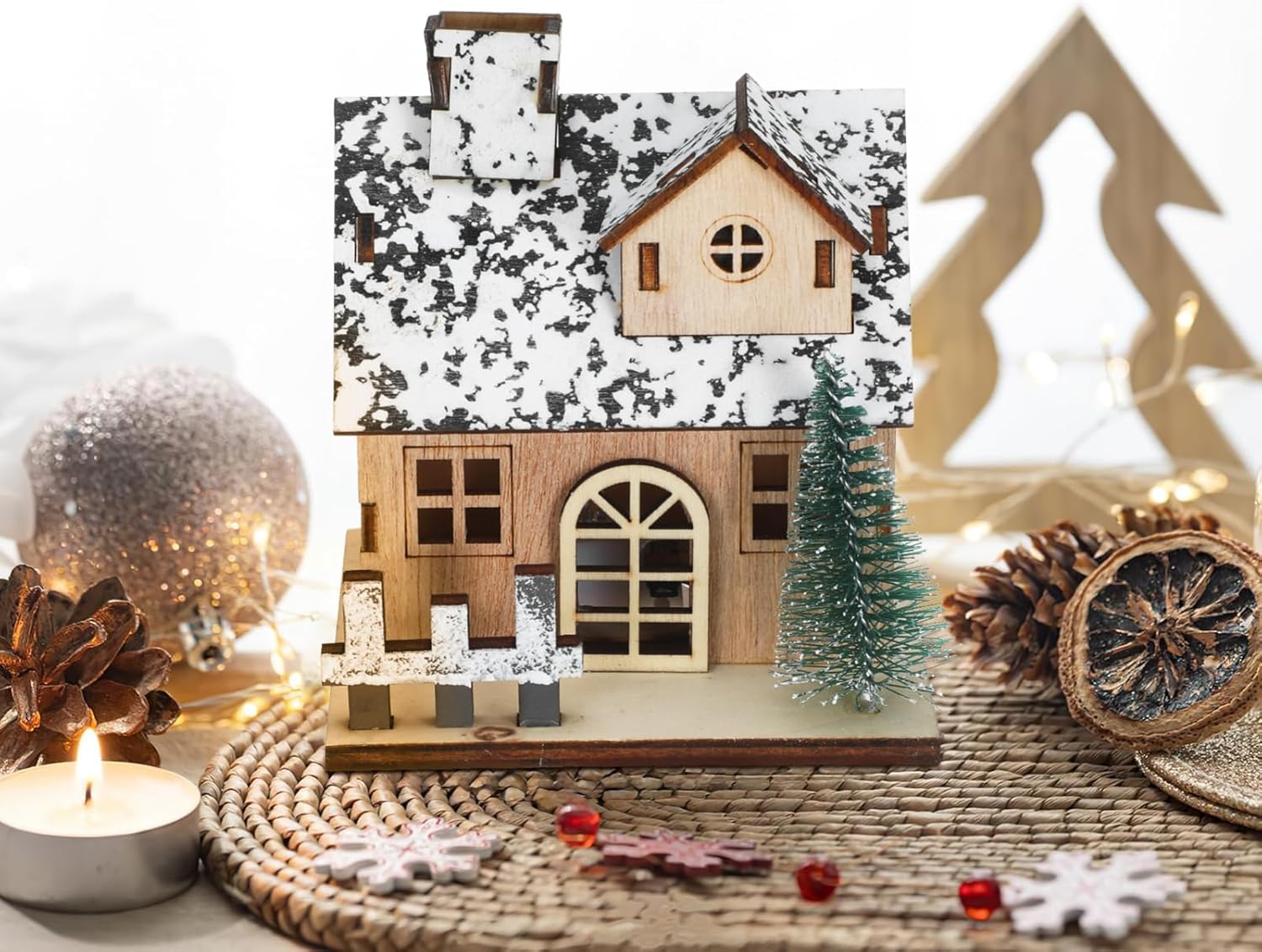 Toyvian Christmas Village Houses Decor - 3 Pcs Glowing Wooden Cabin Set with Lights for Holiday Centerpieces