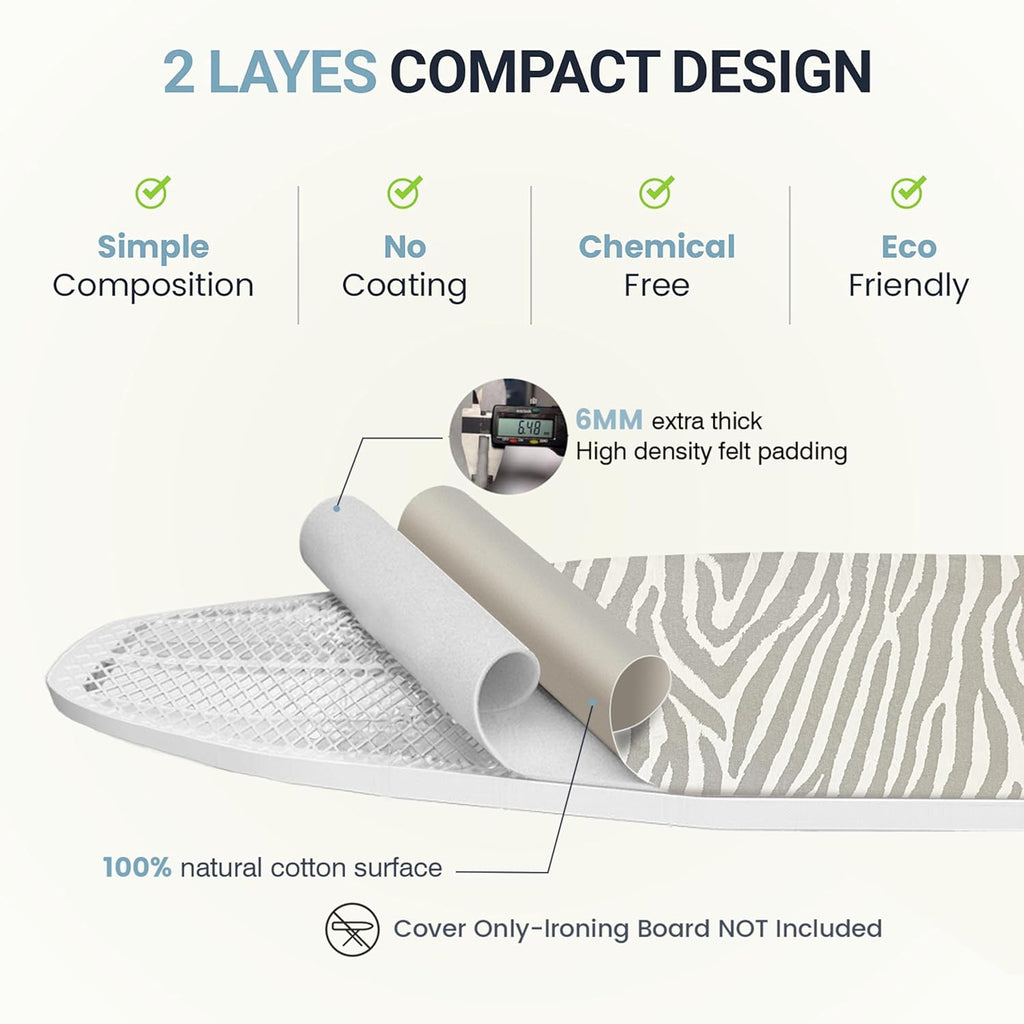 UniSimp Ironing Board Cover - Extra Thick Natural Cotton, Scorch & Stain Resistant | 15"x54" Heatproof Zebra Design
