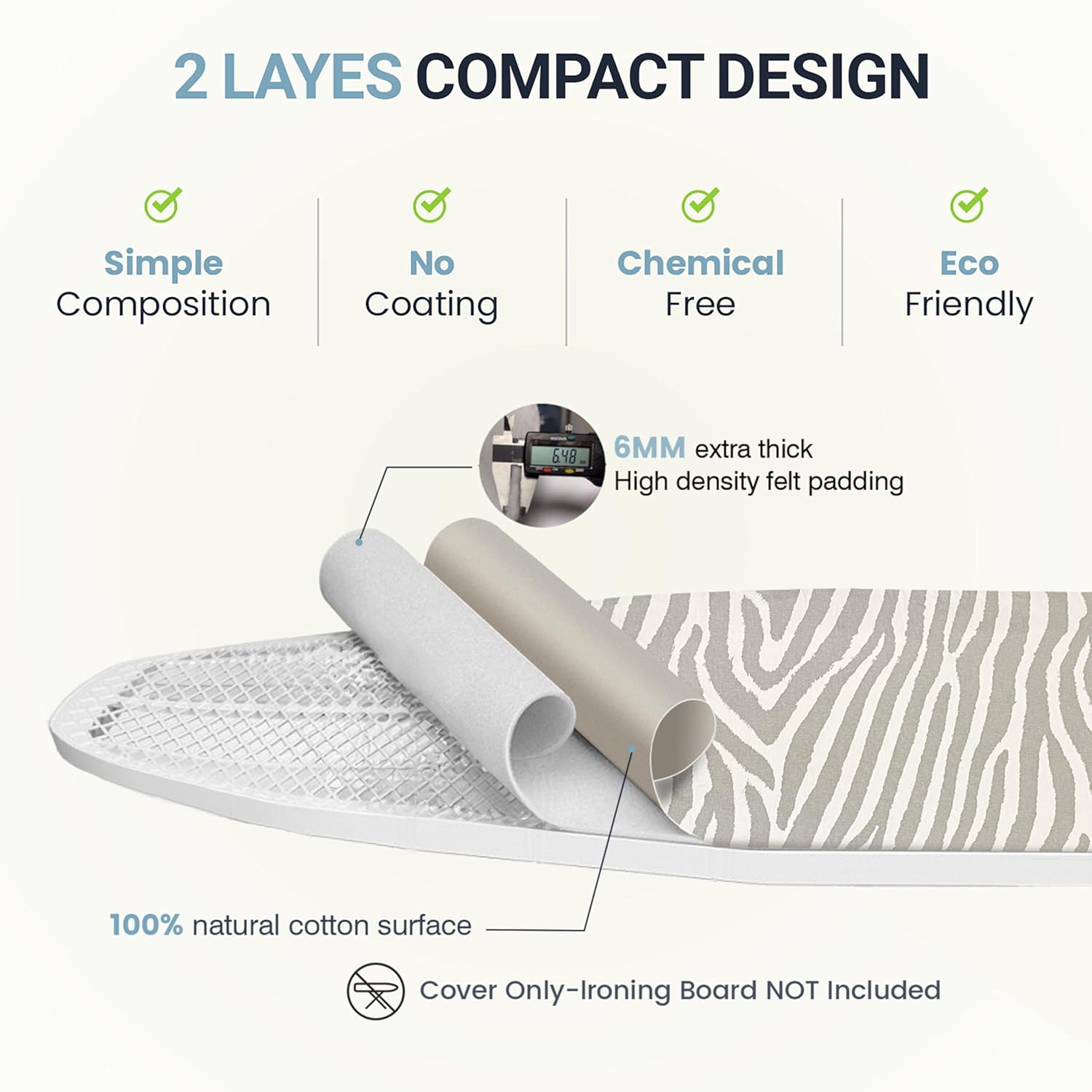 UniSimp Ironing Board Cover - Extra Thick Natural Cotton, Scorch & Stain Resistant | 15"x54" Heatproof Zebra Design