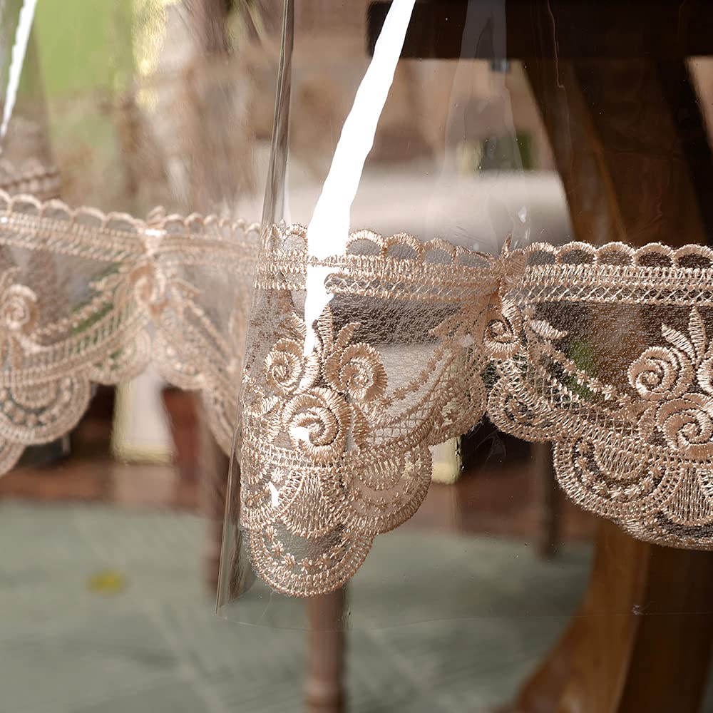 ARTABLE Vinyl PVC Rectangle Tablecloth Waterproof Clear Table Cover with Champagne Lace Macrame Border for Wedding Kitchen Home Outdoor Indoor Holidays Party Decor (Champagne, 70'' (Round))