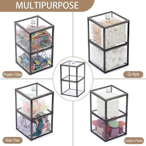 Hipiwe Glass Qtip Holder - 2-Tier Stackable Apothecary Jar with Lid | Clear Bathroom Organizer for Cotton Swabs & Balls