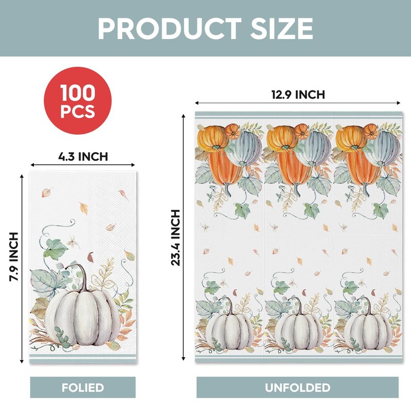 Horaldaily 100 Fall Disposable Paper Decorative Guest Napkins, Thanksgiving Leaf White Pumpkin Hand Towel for Lunch Dinner Kitchen Party Bathroom