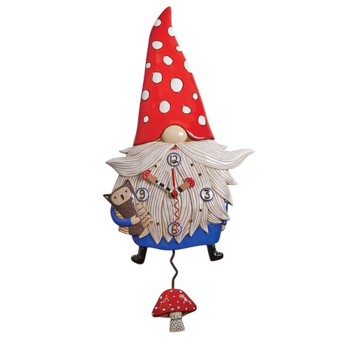 Enesco Allen Designs Wren The Gnome Holding an Owl Sculpted Pendulum Wall Clock, 14.96 Inch, Multicolor