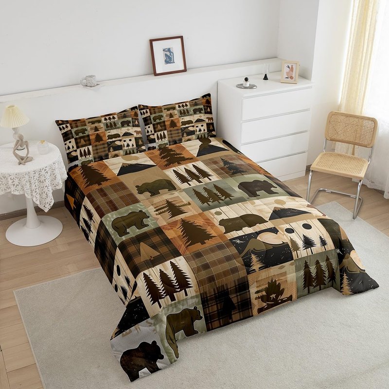 Feelyou Kids Bear Comforter Twin Size, Camper Comforter Set Boys Girls Rustic Cabin Country Bedding Set Western Farmhouse Teens Duvet Set Bedroom Decor 2Pcs