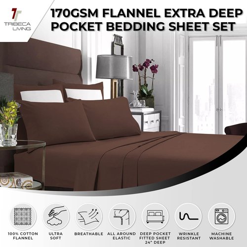 Tribeca Living Triple Brushed Soft Cotton Flannel Sheets Set, Queen Size 170-GSM Weight Extra Deep Pocket Sheet in Solid Chocolate Color