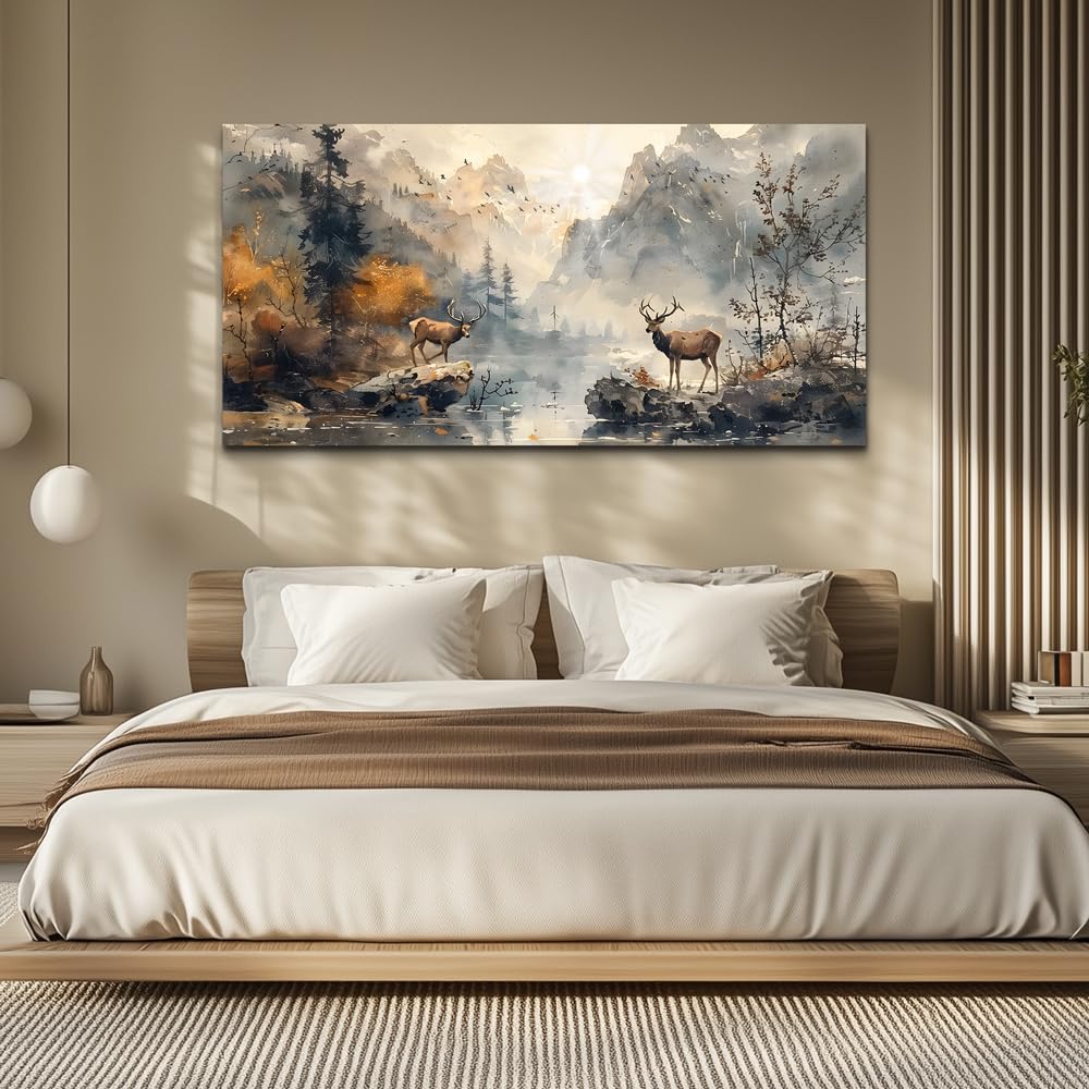 KELIYUAN Framed Canvas Wall Art Decor Living Room Large Wall Decorations For Office Mountain Landscape Ink Painting Abstract Pictures Bedroom Wall Decor Artwork Room Mural Home Decor 24x48 In