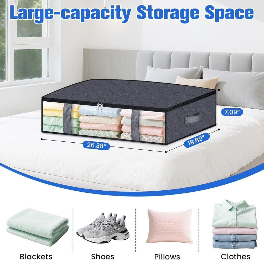 TasticTotes Under Bed Storage Containers - 4 Pack Collapsible Bags with Clear Front | 60L Grey