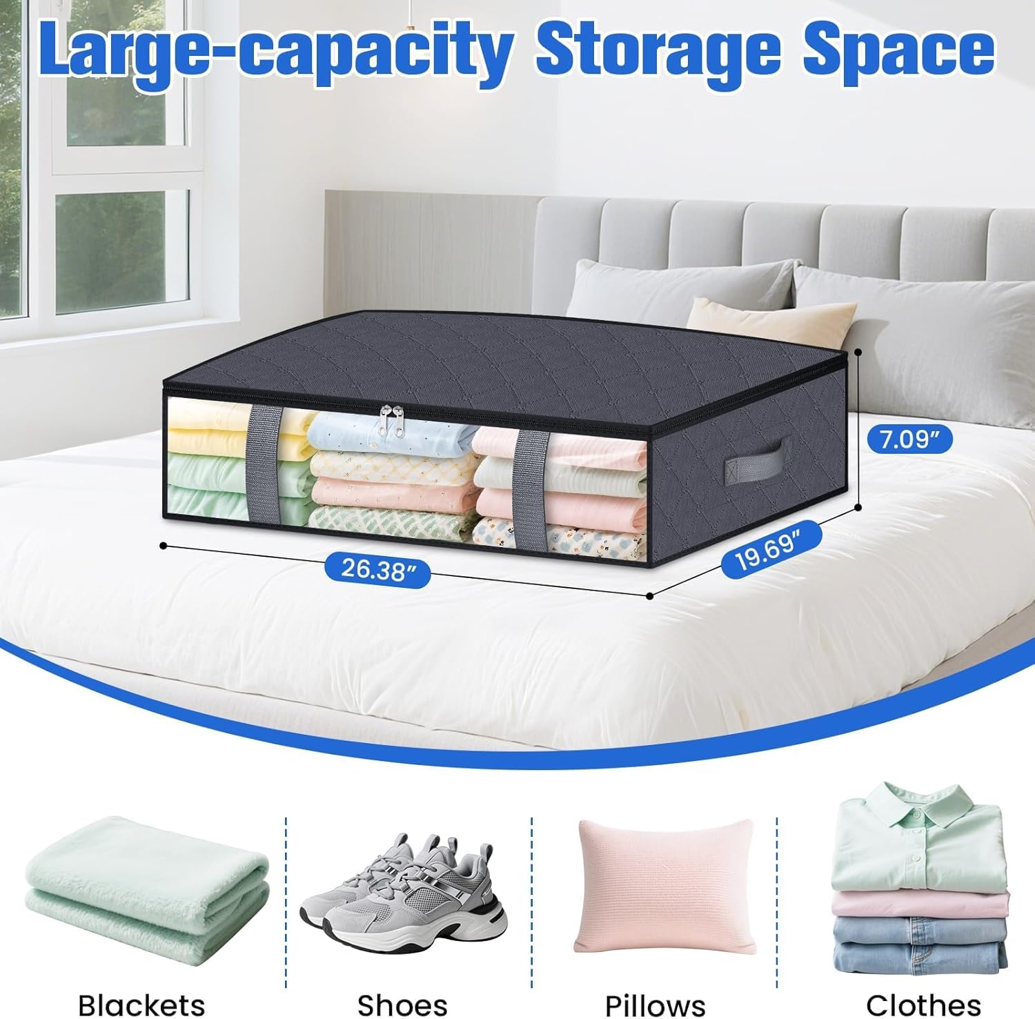 TasticTotes Under Bed Storage Containers - 4 Pack Collapsible Bags with Clear Front | 60L Grey