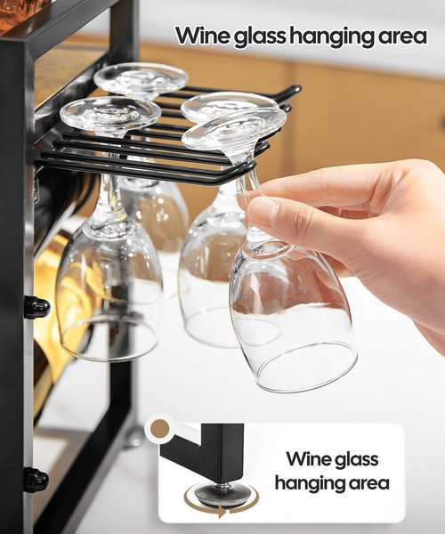 Vilaxing Countertop Wine Rack with Glass Holder and Wooden Tray, Holds 8 Bottles and 12 Glasses, Liquor Storage Stand Metal Frame for Home Decor Kitchen