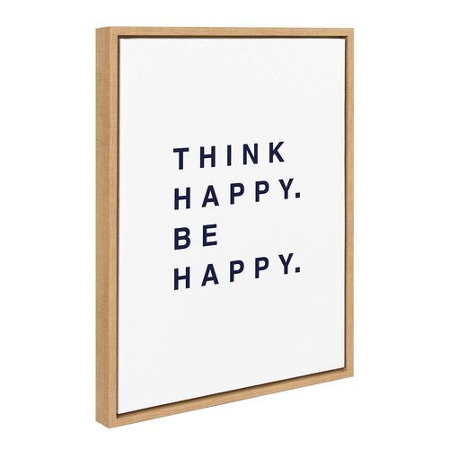 Kate and Laurel Sylvie Think Happy Be Happy Blue Framed Canvas Wall Art by Maggie Price, 18x24 Natural, Motivational Art for Home or Office