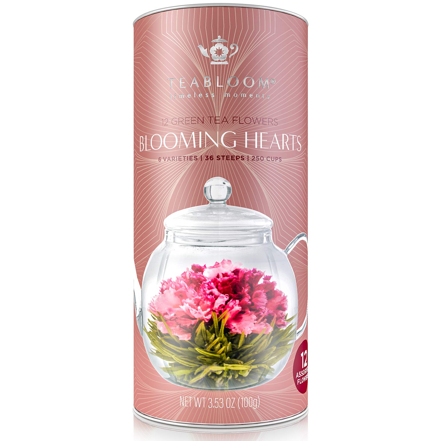 Teabloom Heart-Shaped Flowering Teas – 12 Assorted Blooming Tea Flowers – Green Tea + Jasmine, Pomegranate, Strawberry, Rose, Litchi & Peach