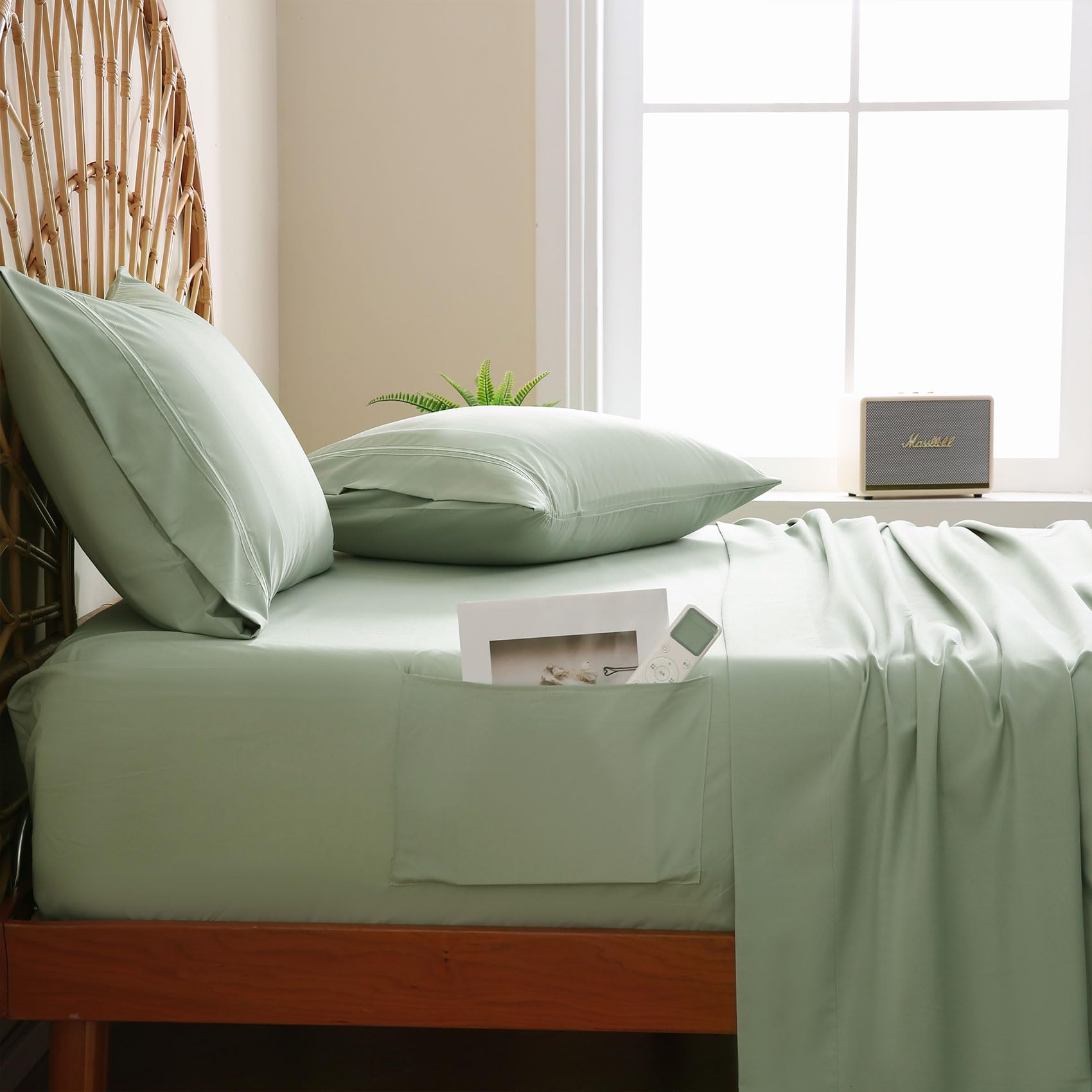 JSD Sage Green Twin Sheet Set with Side Pocket Corner Straps, 3 Piece Soft Kids Microfiber Bed Sheets Extra Deep Pocket