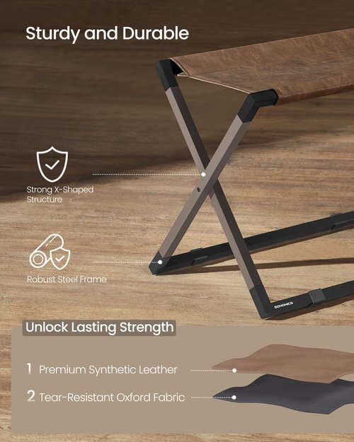 SONGMICS Luggage Rack, Foldable Suitcase Stand, Metal Luggage Holder, Synthetic Leather, Easy to Assemble, for Guest Room, Hotel, Bedroom, Walnut Brown and Ink Black URLR009K01
