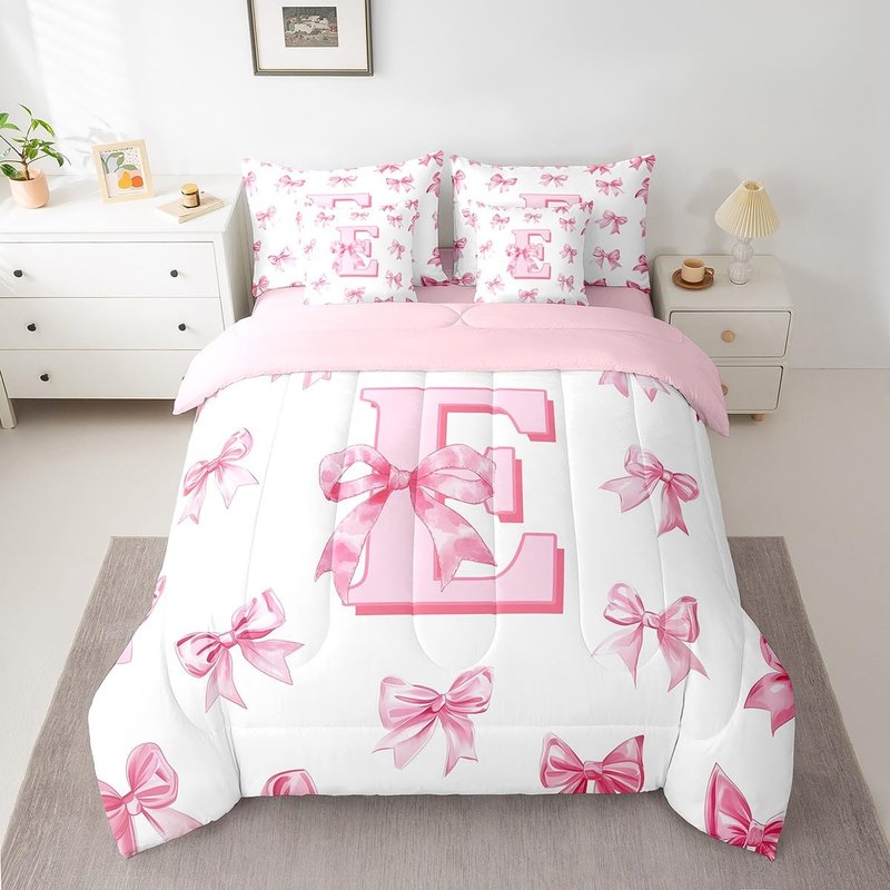 Erosebridal Dreamy Princess Bowknot Girls Bedding Set Kids Pink Initial Letter E Bed in A Bag with Sheets Cute Kawaii Letter Bow Twin Comforter Set 7 Piece Romantic Chic Bowknot Bed Set Room Decor