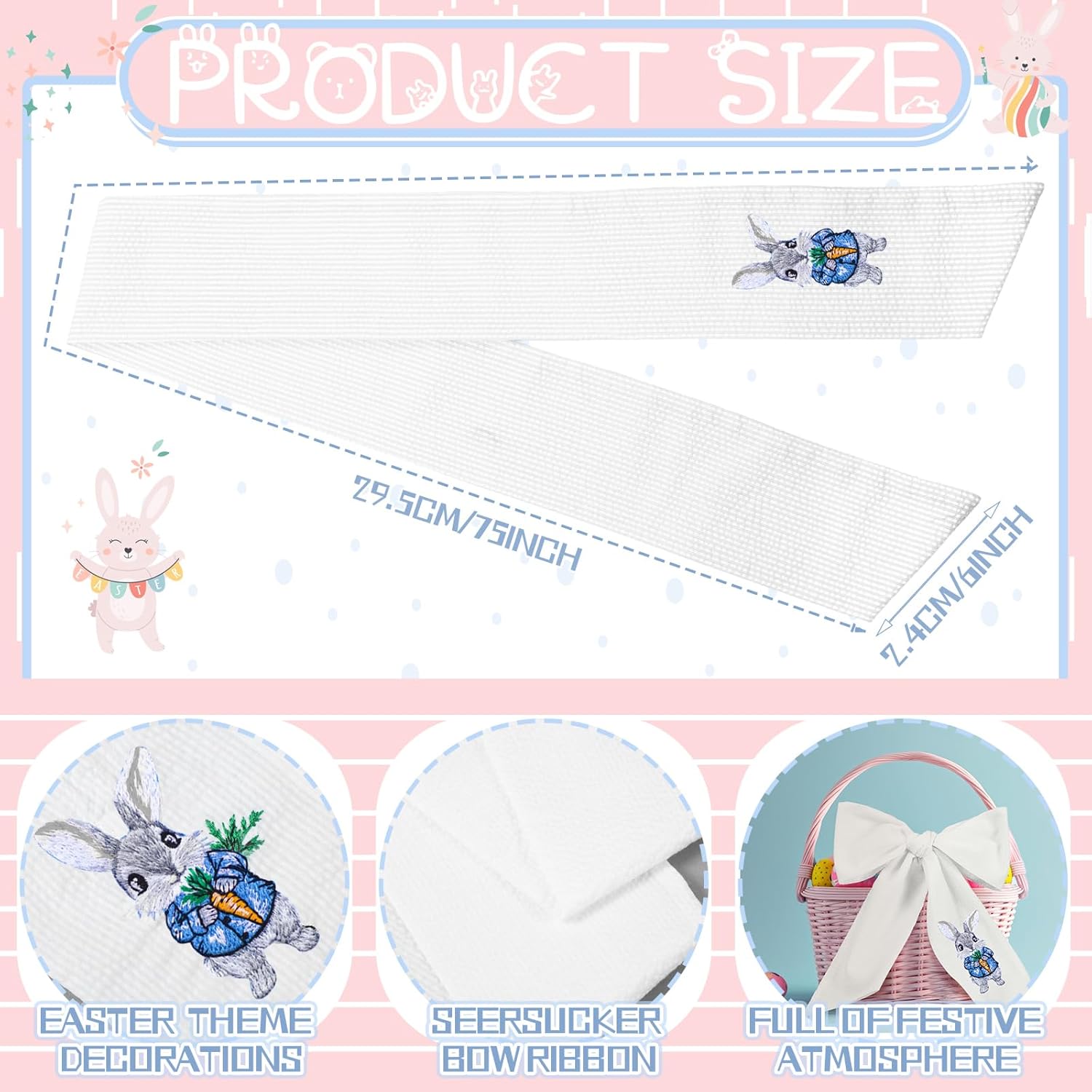 Wavwavw Seersucker Easter Basket - Embroidered Bunny Design with Large Pastel Gift Bow | White