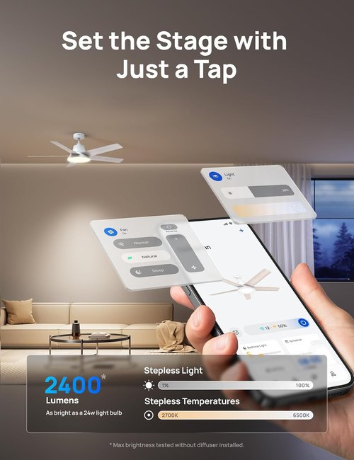 Dreo Smart Ceiling Fan - 52 Inch with Dimmable LED Lights, 12 Speeds & Quiet DC Motor | Remote & Alexa Control