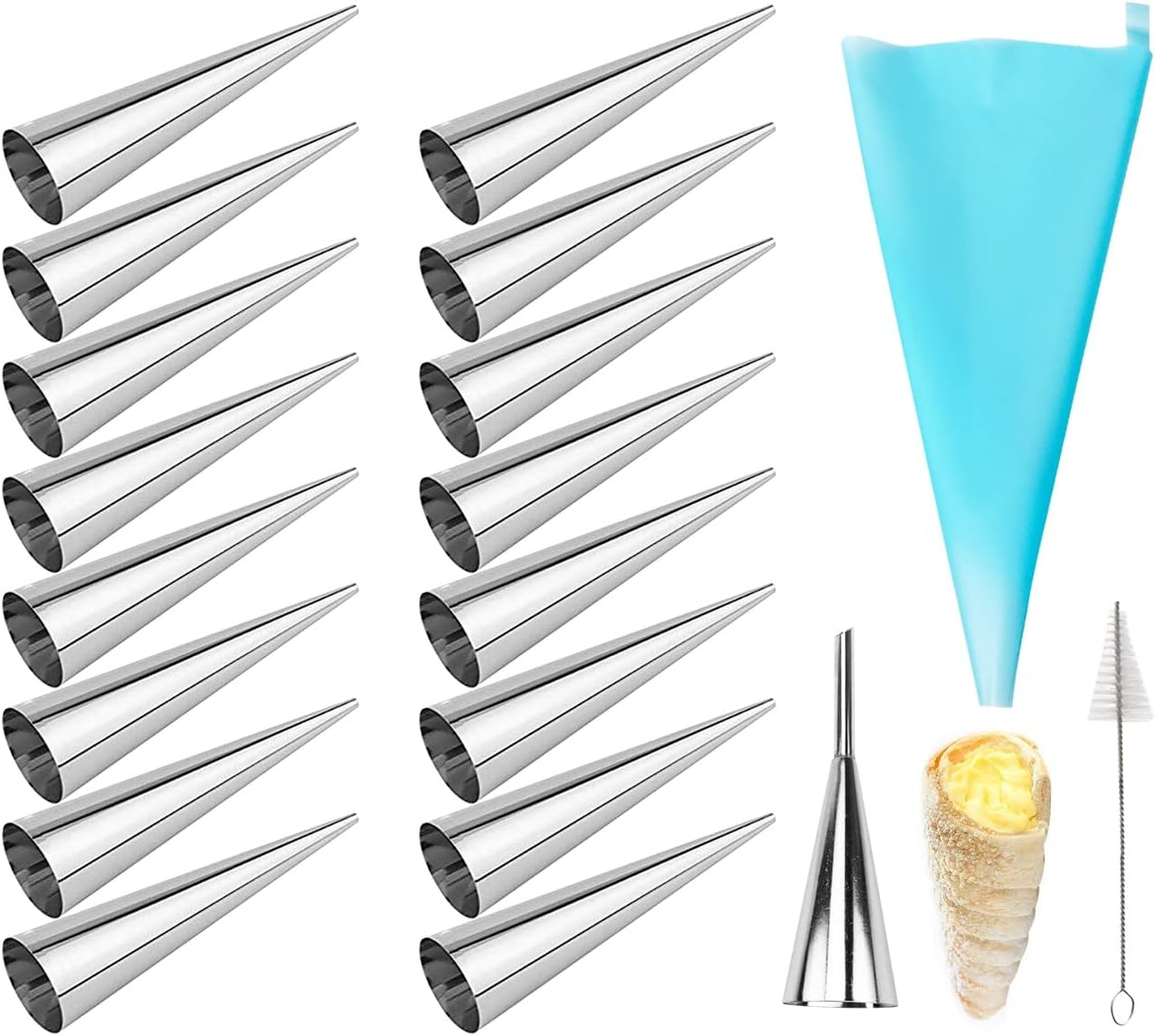 Skiennix Cream Horn Molds - 16 Pack 5-Inch Pastry Roll Molds with Piping Bags & Cleaning Brush