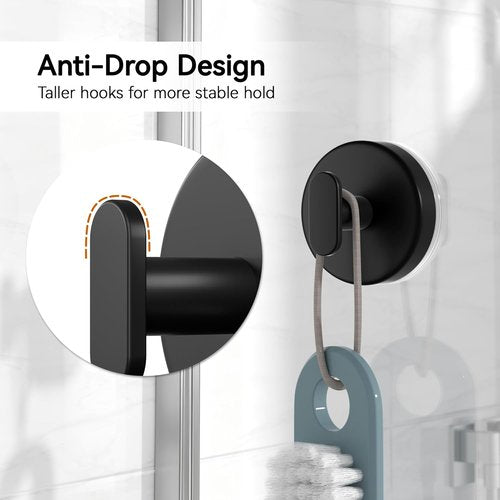 Loofah Hooks - Suction Cup Shower Hooks for Bathroom & Kitchen | Removable Towel & Coat Holder, Black 2 Pack