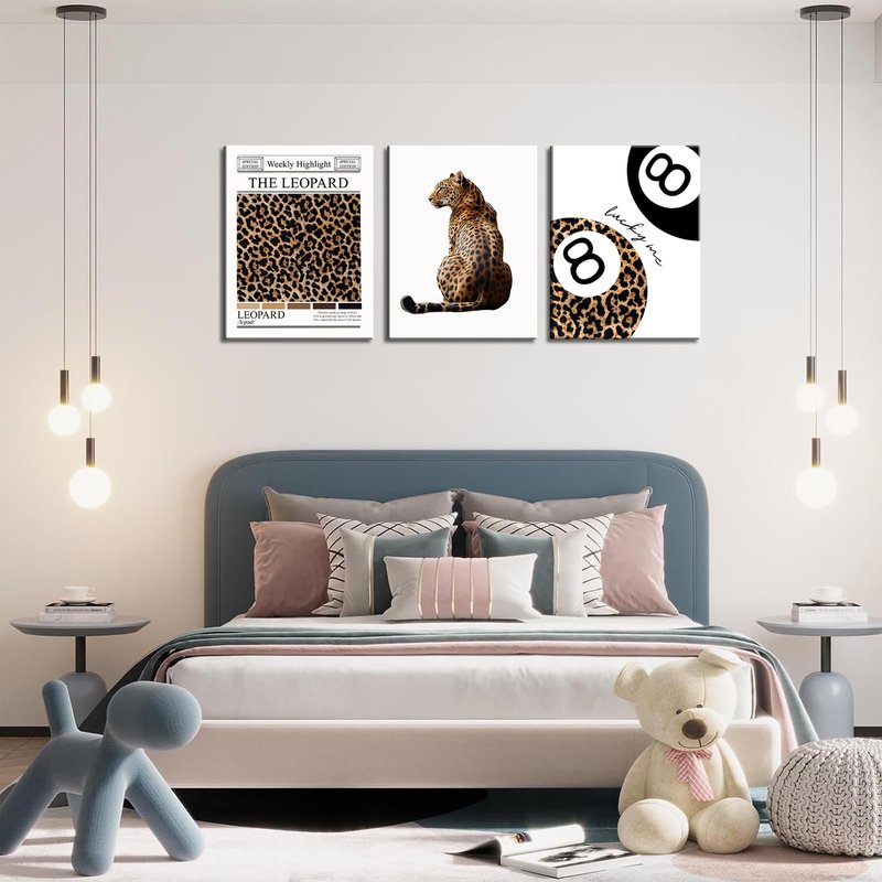 Set of 3 Trendy Leopard Canvas Wall Art Funky Lucky 8 Ball Posters Prints Preppy Room Aesthetic Cheetah Wall Decor Pictures for Girly Bedroom Apartment Dorm 16x24in