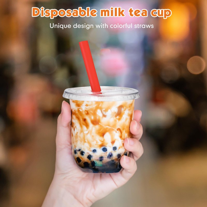 Ziliny 50 Sets Clear Cups with Lids and Jumbo Smoothie Straws Disposable Plastic Cups for Smoothies, Bubble Milk Tea, Milkshakes, Cold Drinks (12 oz)