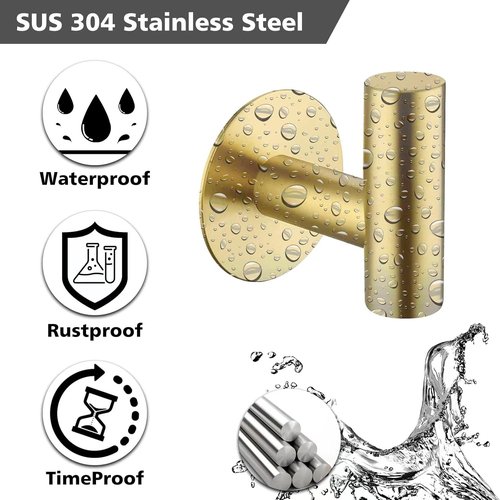 Bntuk Adhesive Hooks - Stainless Steel Waterproof Towel Holders for Bathroom & Kitchen | 2 Pack, Gold